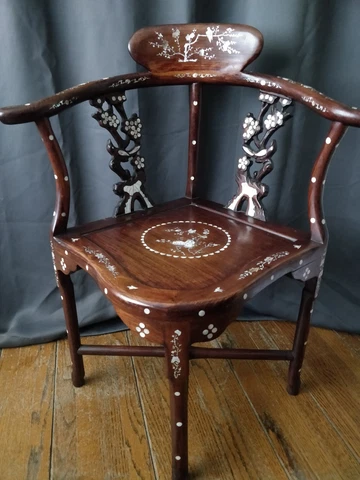 Chinoiserie Asian Chinese Rosewood Carved MOP Inlay Corner Chair Oriental Cover