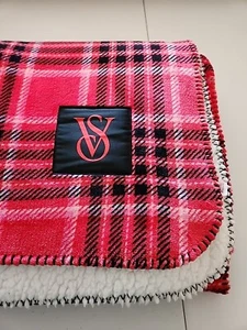 Victorias Secret Cozy Sherpa Fleece Throw Blanket Red Plaid Holiday 50” X 60” - Picture 1 of 4