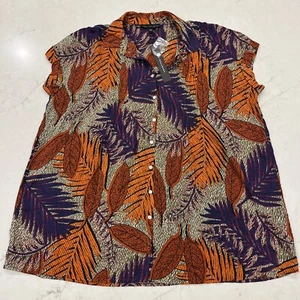 Jane & Delancey Womens L Button Down Shirt Leaf Jungle Print Short Sleeve Tunic - Picture 1 of 8