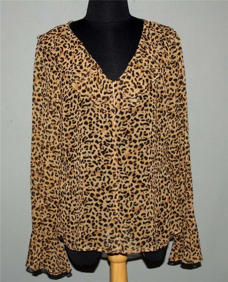 INC 豹纹半透明荷叶边领和铃铐丝绸衬衫 Wm's 8 全新带标签 69 美元 — 第 1/1 张图片