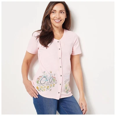 Quacker Factory Cardigan Embroidered Spring V-Neck Short Sleeve - Pink - Small - Image 1 of 4