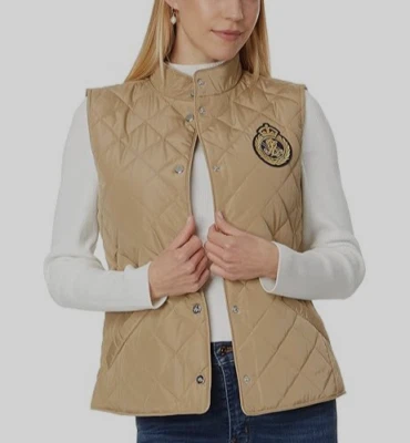 Chaleco RALPH LAUREN Acolchado Cresta Cuello Alto Mujer Talla L Bronceado Abedul Nuevo con Etiquetas Logo $150 Foto 1 de 4