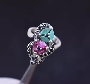 Marquise Rubin Smaragd 5x2 MM 925 Sterlingsilber Ringgröße 7.2 Zertifiziert Ring - Bild 1 von 7