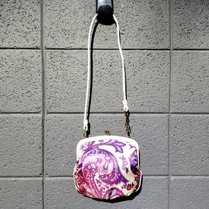 Purple Paisley Vtg Garay Fabric Purse White Patent Trim Mod Twiggy Boho - Picture 1 of 12