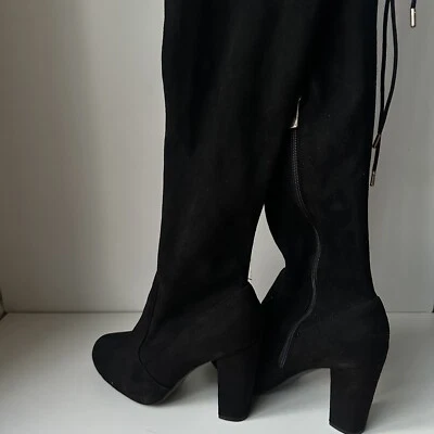 Botas de bambú para mujer negras con tacón por encima de la rodilla tacón bloque con correas talla 9 cremallera Foto 1 de 4