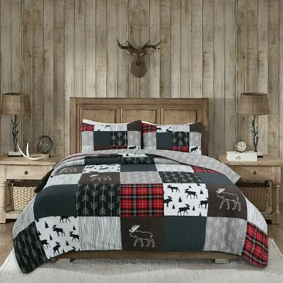 Cabin& Lodge Moose ,Rustic Patchwork 3-Pc,Coverlet Quilt & Shams Set/ Queen - Image 1 of 3