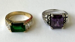 2 Vintage SETA Cocktail Woman Rings Amethyst Emerald Gold Silver Tone Size 9.5 - Picture 1 of 7