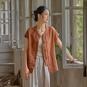 Damen Baumwolle Leinen Knopf Kurzarm Retro chinesischer Stil Shirts Tops Cardigan - Bild 1 von 26