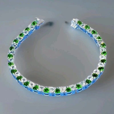 Pulsera Tenis Circonitas Piedras Preciosas Diópsido Cromo Verde. Plata de Ley 925, Nueva Foto 1 de 4