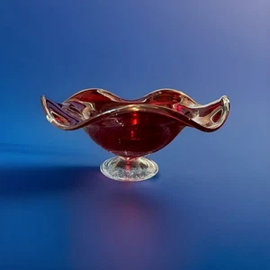 Vintage Footed Ruby Red Bowl Ruffled Clear Edge Compote 1940’s - Picture 1 of 3