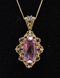 Amethyst Purple STS Sterling Silver Pendant Necklace Gold Over 925 Faux RS 20" - Picture 1 of 21