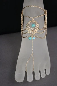 Bracciale Donna Piedi Catene Metallo Oro Cavigliera Etnico Bling Charm Turchese Blu - Foto 1 di 11
