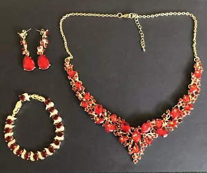 BrilLove Austrian Crystal Set Necklace Earrings Bracelet Ruby Colour Gold Tone - Picture 1 of 11