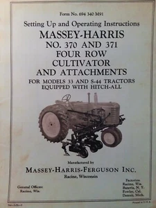 Massey Harris 370 371 Four-Row Cultivators Implement Owners Manual 44 33 Tractor - Picture 1 of 2