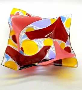 Fused Slumped Art Glass 9" x 3" Square Candy Dish Bowl - Picture 1 of 7
