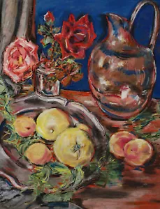 Pastell Malerei Gemälde antik Stillleben Obst Rosen Krug expressiv akademisch - Bild 1 von 6