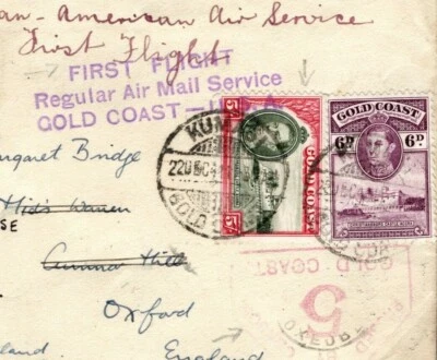 GOLD COAST WW2 Rare FIRST FLIGHT USA Cachet Censor 5s Cover 1942 GB Oxford W625 - Image 1 of 4