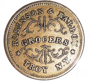 LOT 1863 RARE CIVIL WAR STORE TOKEN - TROY. NY GROCER - OBV. CRACK, DDO, ERRORS - Picture 1 of 4