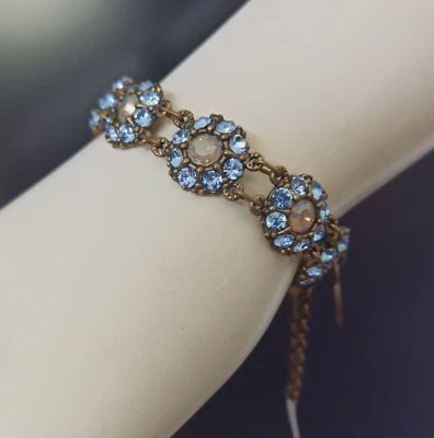 Michal Negrin Bracelet Dainty Flowers Light Lace Blue Crystals Delicate Art Deco - Image 1 of 4