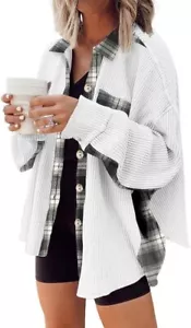 SHEWIN Womens Waffle Knit Plaid Shacket Button Down Shirt Jacket Loose M Green - Picture 1 of 5