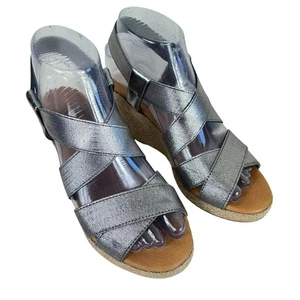 Andre Assous Josie Silver Strappy Slip-On Espadrille Wedge Heels Sandals Size 6 - Picture 1 of 6