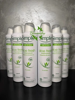 6 x 250ml SIMPLE ALOE FRESH Unfragranced Antiperspirant Deodorant Spray - Image 1 of 3