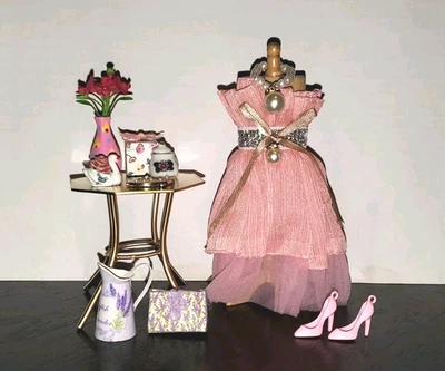 Dollhouse WEARABLE Pink Dress with Mannequin, Table & Shabby Chic Decor 1/12 - Image 1 of 4