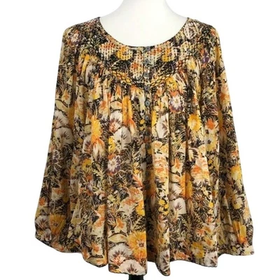 FREE PEOPLE Floral Print Boho Smocked Neck Long Sleeve Blouse Top Size Large - Image 1 of 4