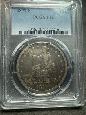 1877-S Trade Dollar • T$1 • PCGS F12 • Silver Coin • Problem Free Pcgs Straight - Image 1 of 4
