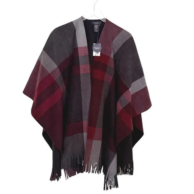 NUEVO Poncho Rachel Roy Reversible Capa Borgoña Gris Negro Cuadros Talla Única Foto 1 de 4