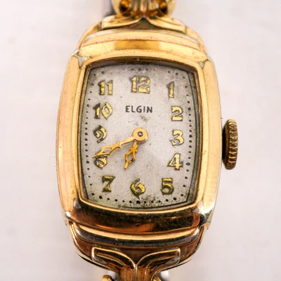 Antiguo Reloj ELGIN Damas Oro 10K Relleno Estuche Cojín Funciona Banda de Expansión Foto 1 de 4