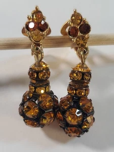 Vtg Orange And Amber Rhinestone Cluster Black And Gold Clip Earrings - Picture 1 of 6