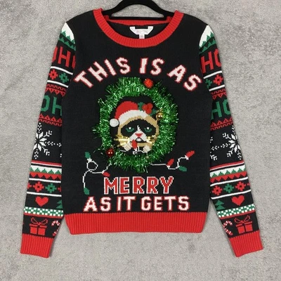 Suéter No Boundaries Mujer Pequeño Negro Feo Navidad Gato Oropel 3D Pullover Foto 1 de 4