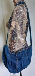 VINTAGE SHANE DARK DENIM PLEATED SHOULDER BAG WITH KNOT TIE-STRAP ZIPPERED - Picture 1 of 18