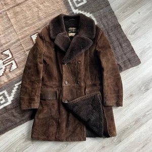 Vintage 70s Vinson Shearling Coat Men’s Brown Suede Sheepskin Fur Collar Size XL - Picture 1 of 8