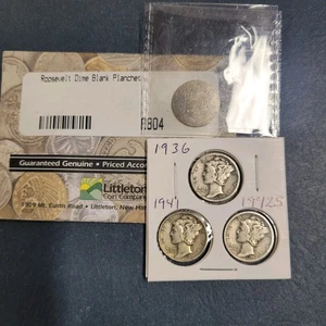 1936 1941 1942s S Mercury dimes 90 pct silver and blank dime blanchard free ship - Picture 1 of 5