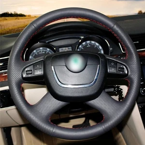 Cubierta de volante de coche de cuero genuino negro para Skoda Octavia Octavia a5 - Imagen 1 de 12