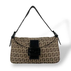 FENDI Zucchino Mamma Baguette Shoulder Bag Canvas Leather Brown Used 112513 - Picture 1 of 18