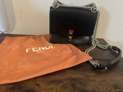 Fendi 黑色皮革 Kan I 编织链条单肩包带防尘袋 - 正品 — 第 1/4 张图片