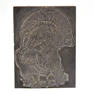 VINTAGE THANKSGIVING TURKEY METAL ON WOOD PRINTERS PRESS BLOCK - Picture 1 of 3