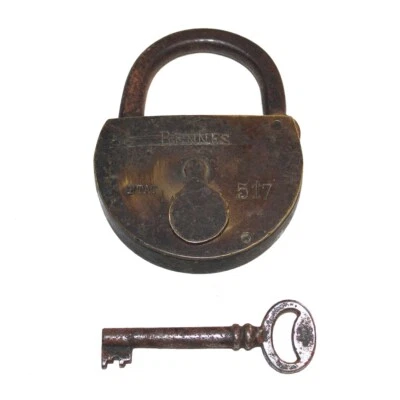 Ancien gros cadenas en bronze + 1 clé / Ville de Rennes / 9 cm - Photo 1/4