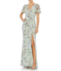 Mac Duggal Floral Sequin Short Butterfly Sleeve Faux Wrap Thigh High Slit Gown - Picture 1 of 15