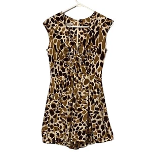 Kay Unger NY Romper 4 Cream Brown Leopard 100% Silk Pocket Short Sl Pockets - Picture 1 of 6