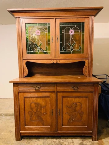 VTG China Hutch Cabinet w/ Drawers Stained Glass Insert on top doors Solid Wood Cover