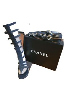 Chanel Gladiator thong Suede Black Sandals Size 6.5
