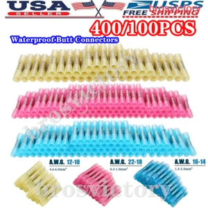 400/100pcs 22-10 AWG Heat Shrink Butt Wire Splice Connectors Crimp Terminals Kit - Picture 1 of 20