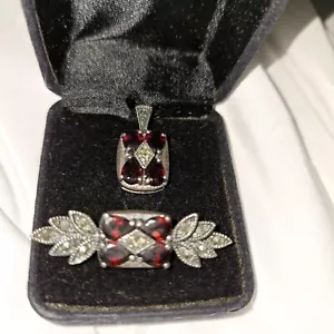 Vintage JC Sterling Silver Red Rhodolite Tear Drop Brooch & Necklace Pendant Set - Picture 1 of 3