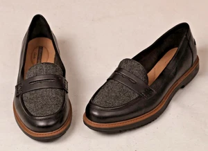 Clarks Cushion Womens RAISIE Eletta Penny Loafer Black Leather Tweed Detail 9 M - Picture 1 of 10