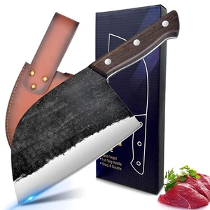 Full Tang Kitchen Chefs knife Butcher Meat Cleaver Knives Set w/ Leather Sheath - Picture 1 of 6