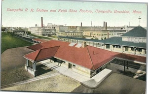 DEPÓSITO DE ESTACIÓN DE FERROCARRIL Y FÁBRICA DE ZAPATOS DE BROCKTON MA CAMPELLO POSTAL ANTIGUA - Imagen 1 de 2